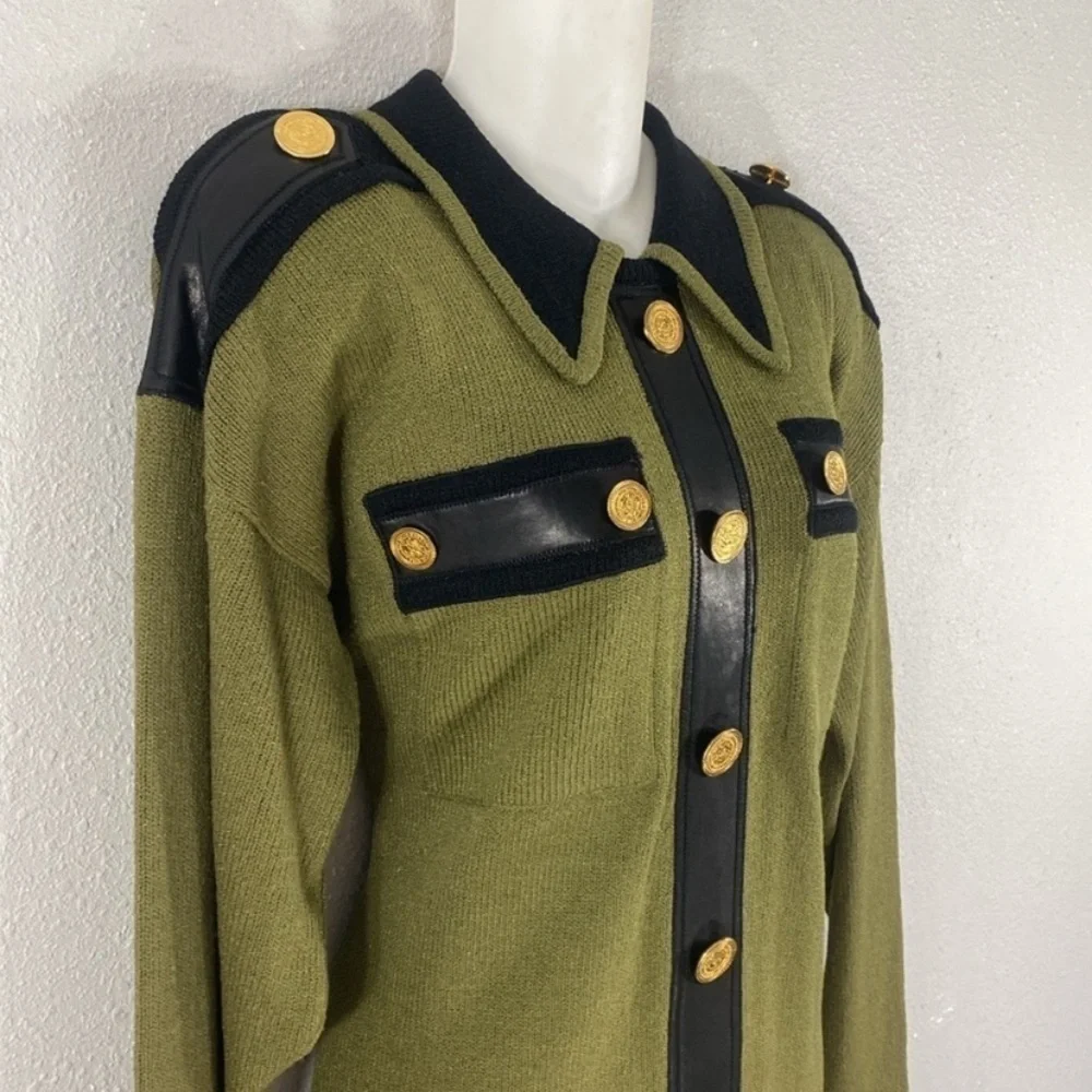 Vintage Cache green black knit military influenced dress Medium M W3 - Picture 4 of 12